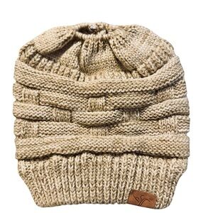 Beige Knit Ponytail Beanie Messy Bun Hat Cable Knit Winter Hat